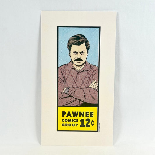 A vintage-style comic art print featuring an illustrated man with arms crossed, set against a light blue background.
