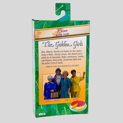 Rose action figure from Golden Girls in green box on gray background. 