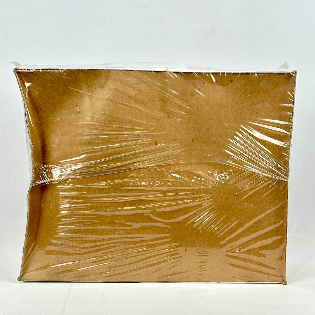Brown box with clear plastic wrap on a white background