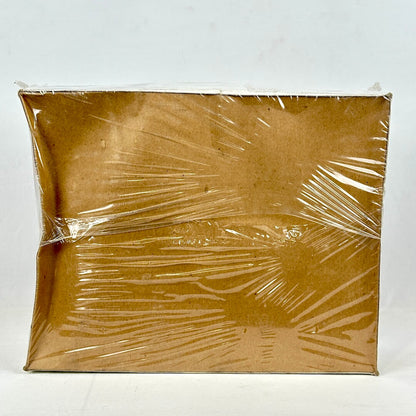 Brown box with clear plastic wrap on a white background