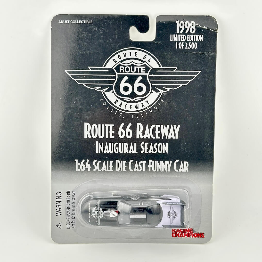 Route 66 Raceway diecast car packaging with branding and product details.