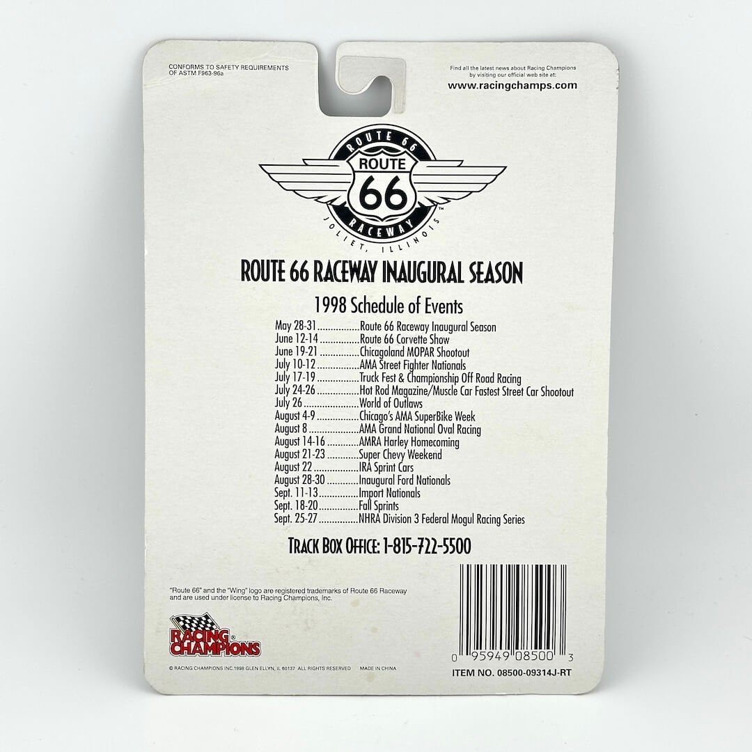 Back of a toy packaging with Route 66 Raceway inaugural season schedule on a white background