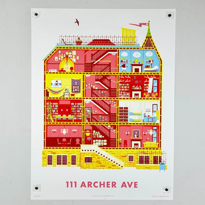 Illustration of a house with rooms labeled, featuring colorful design on a white background.