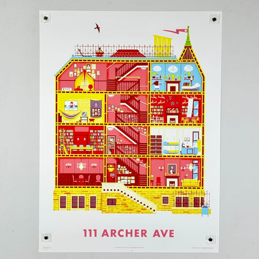 Illustration of a house with rooms labeled, featuring colorful design on a white background.