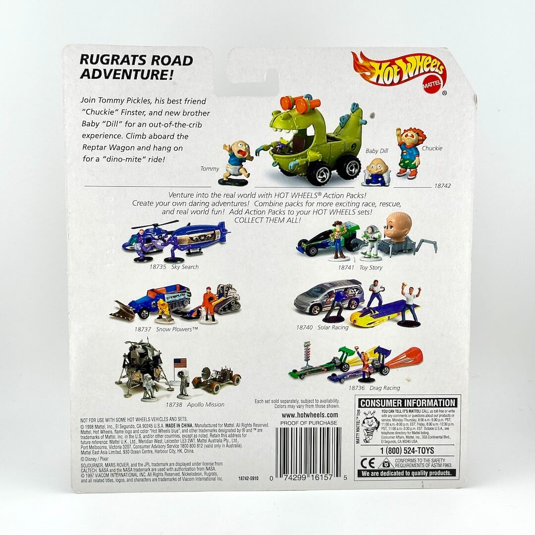 Back of a Hot Wheels toy packaging card showing the 'Rugrats' set, with character illustrations, & product photos.