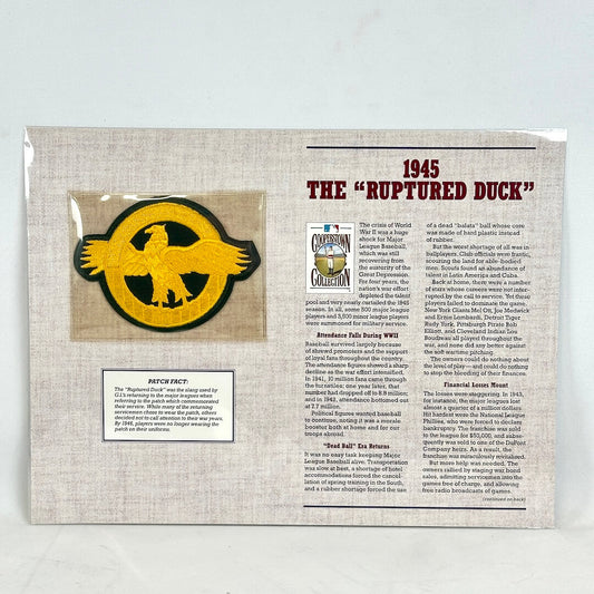 Document with 1945 The "Ruptured Duck" patch and historical fact text on white background. 