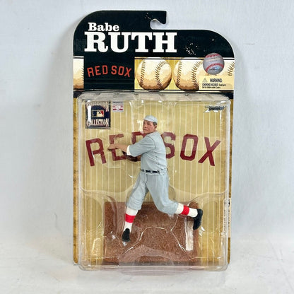 Babe Ruth action figure in packaging with 'Red Sox' branding on a white background