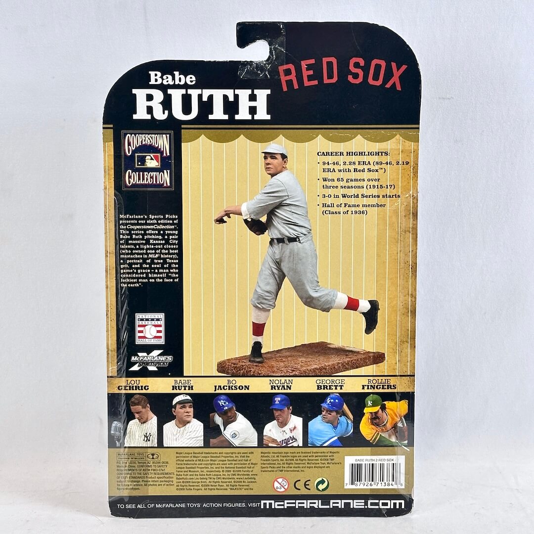 Baseball figure packaging with Babe Ruth and Red Sox branding