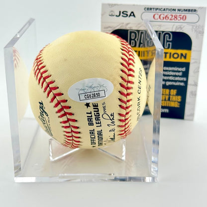 Signed baseball in clear display against white background with JSA certificate. 