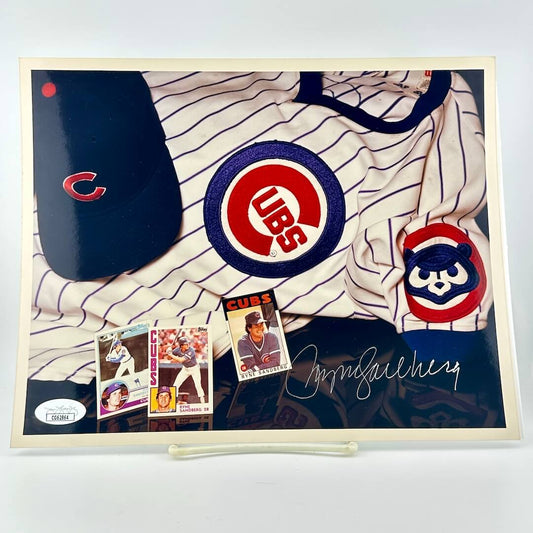 Photograph of memorabilia collage featuring signature of player, JSA authentication sticker in corner. 