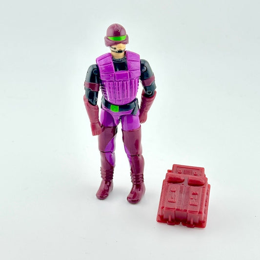 Toy figure in purple and red costume with a white background