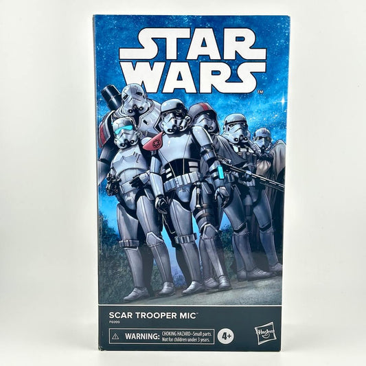 Star Wars Scar Trooper Mic Hasbro action figure box on a light gray background. 