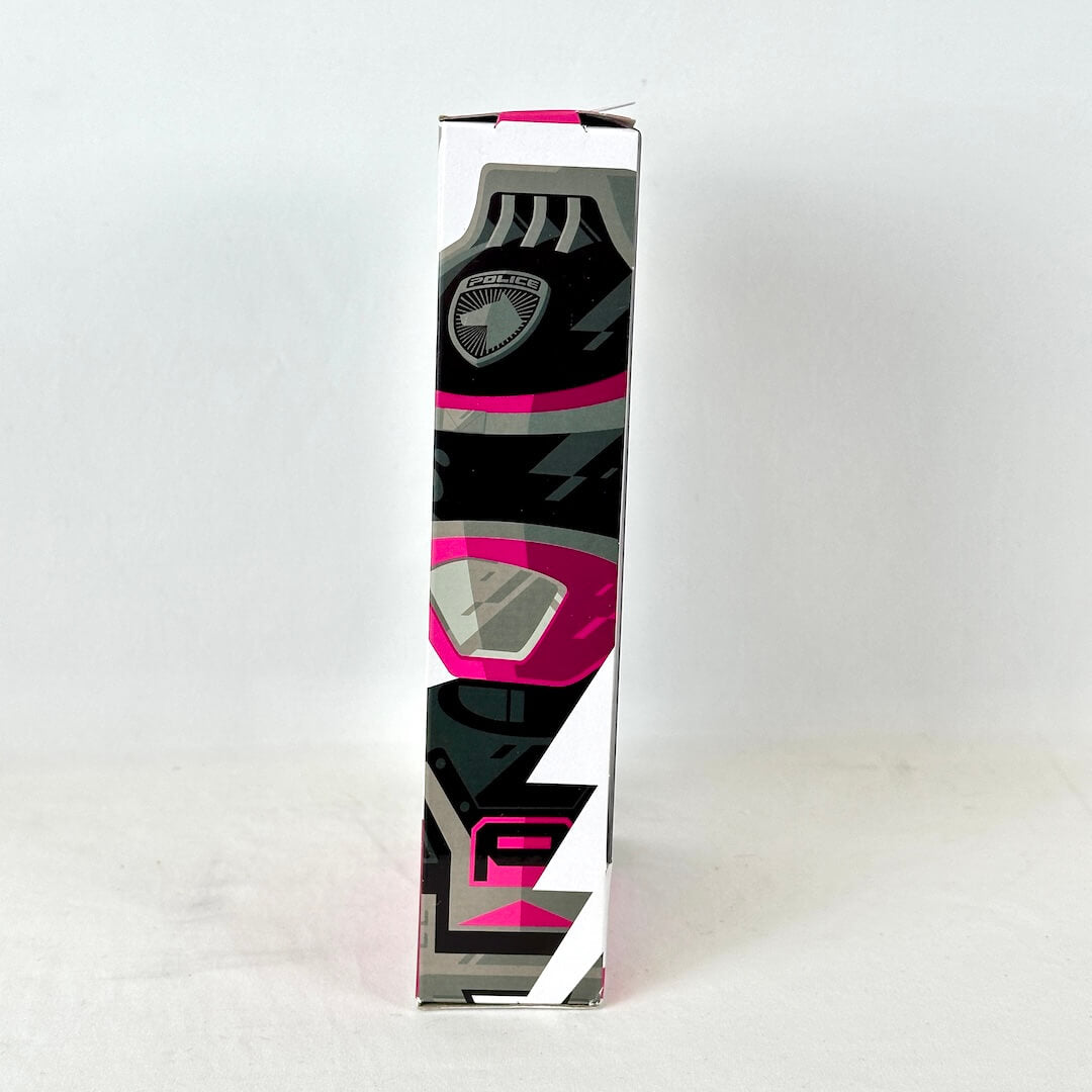 Side view of packaging with illustration of Pink Ranger, photographed on white background. 