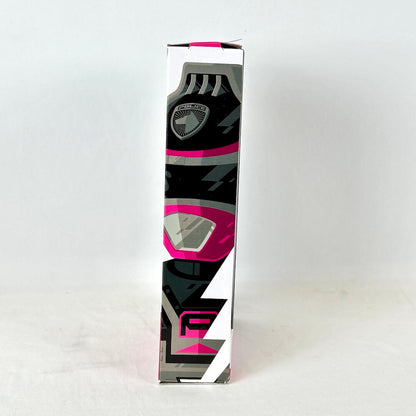 Side view of packaging with illustration of Pink Ranger, photographed on white background. 