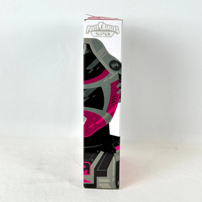 Side view of packaging with illustration of Pink Ranger below Power Rangers logo. 