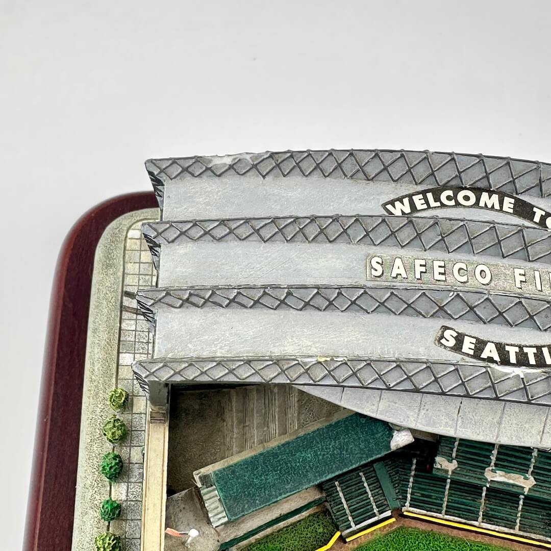 Model of a stadium with 'Welcome to Safeco Field Seattle' sign on the roof.