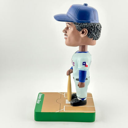 Bobblehead of a baseball player in a blue and white uniform with a bat, on a white background