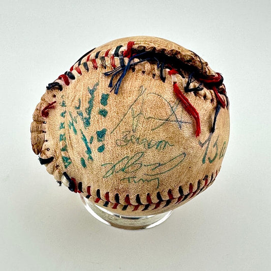 Vintage baseball with autographs on a white background