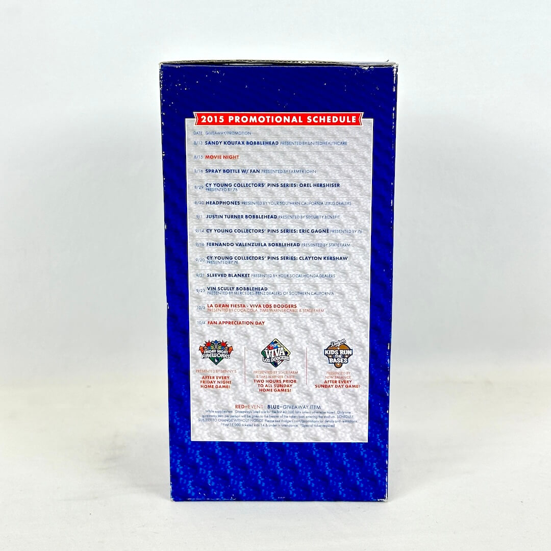 The back of a blue cardboard box with the 2015 promotional schedule. 