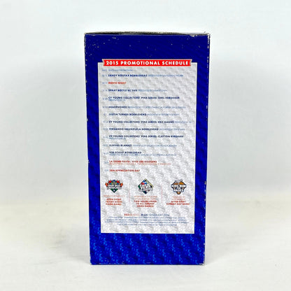 The back of a blue cardboard box with the 2015 promotional schedule. 