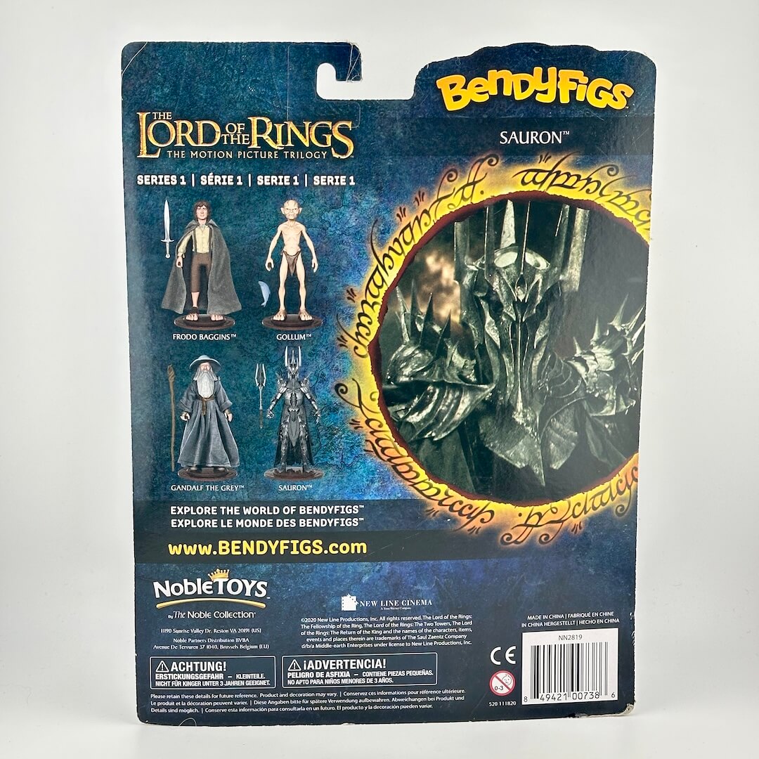 Bendyfigs Sauron action figure blister card packaging, showing the back of the card with character figures and branding.