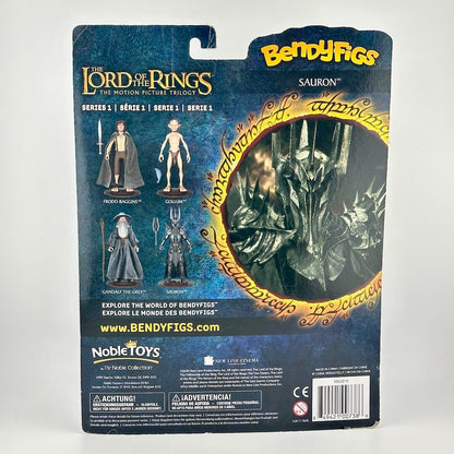 Bendyfigs Sauron action figure blister card packaging, showing the back of the card with character figures and branding.