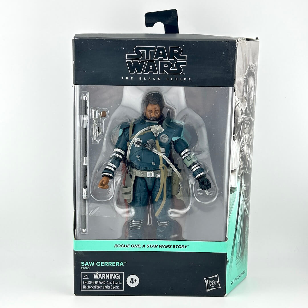 Star Wars The Black Series Rogue One: A Star Wars Story Saw Gerrera action figure in its original window box packaging.