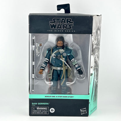 Star Wars The Black Series Rogue One: A Star Wars Story Saw Gerrera action figure in its original window box packaging.