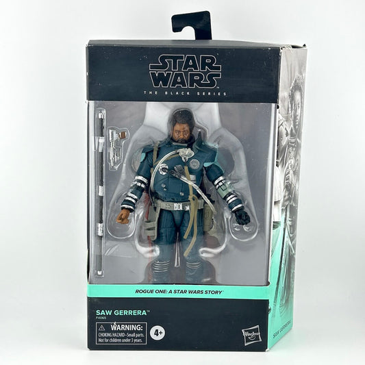 Star Wars The Black Series Rogue One: A Star Wars Story Saw Gerrera action figure in its original window box packaging.