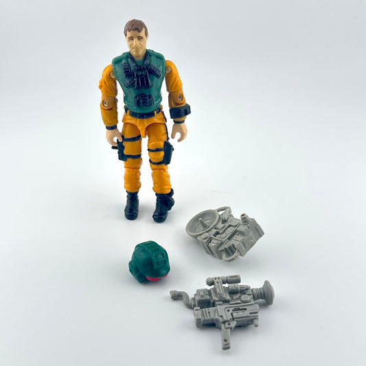 G.I. Joe action figure with accessories and character card against white background.