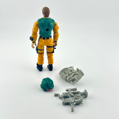 G.I. Joe action figure with accessories and character card against white background.