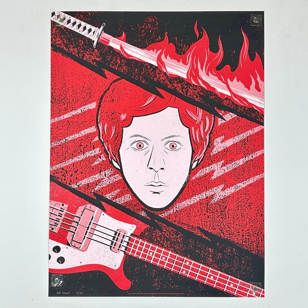Artistic depiction of a person with red hair, a guitar, and a sword with flames on a red and black background.
