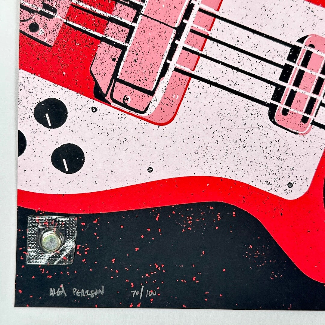 Artistic depiction of a red electric guitar with black details on a textured background