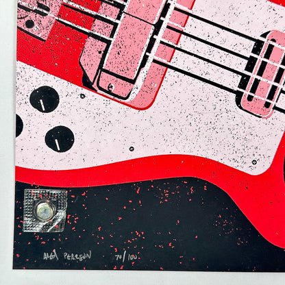 Artistic depiction of a red electric guitar with black details on a textured background