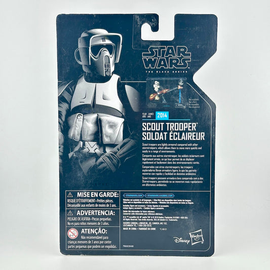 Scout Trooper action figure in its original blister packaging, featuring character artwork and product details.