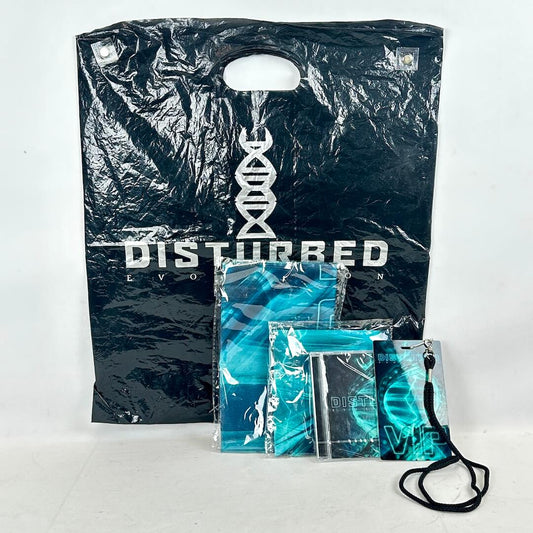 Black 'Disturbed' branded bag with clear plastic items on a white background