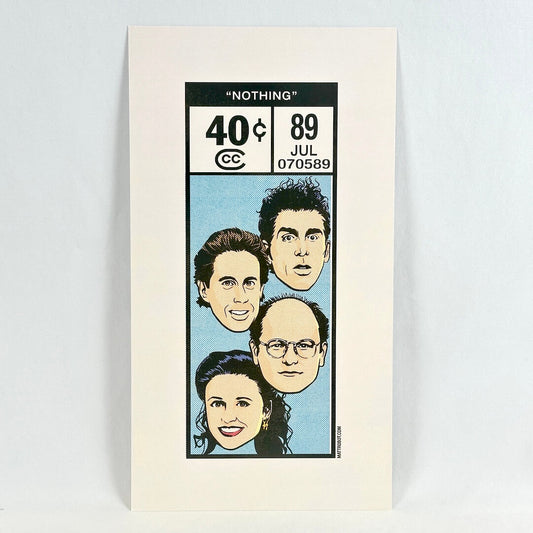 Vintage comic book cornerbox art print with four faces floating on a blue background with date and price info above. 