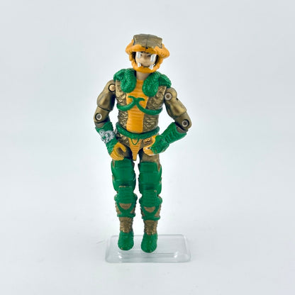 Action figure with green and yellow costume on a white background