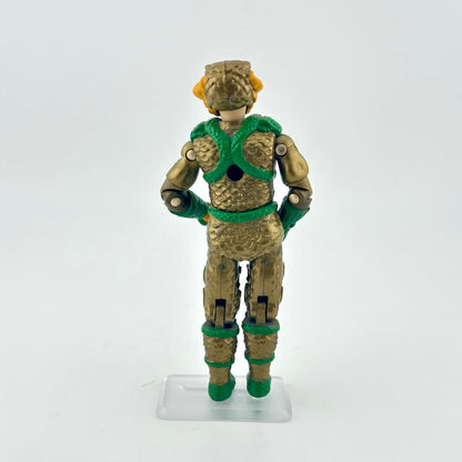 Toy figure with green and brown outfit on a white background