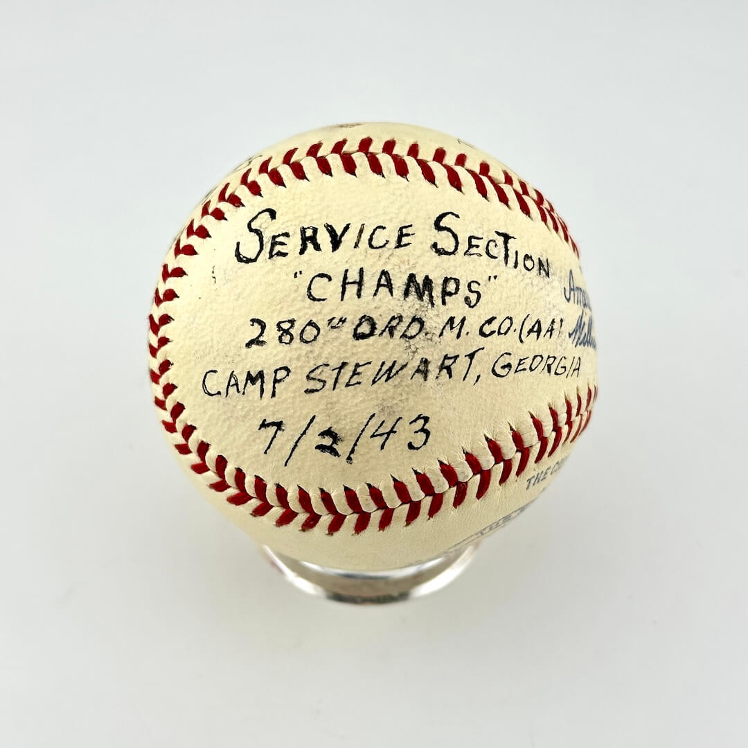 A vintage baseball signed "Service Section "Champs" 280th Ord. M. CO. (AA), Camp Stewart, Georgia, 7/2/43."