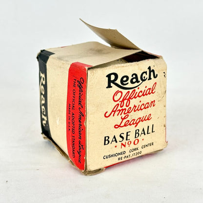 Vintage Reach Official American League Baseball No. 90 box packaging, showing a worn tan cardboard box.