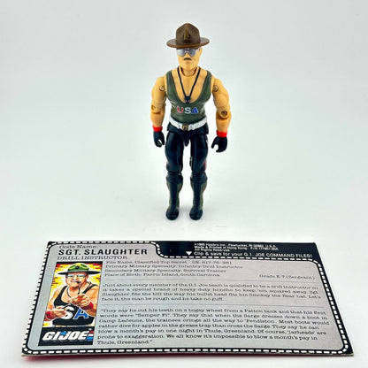 Toy figure of Sgt. Slaughter from G.I. Joe with character card on a white background