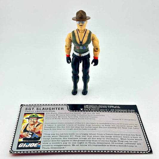 Toy figure of Sgt. Slaughter from G.I. Joe with character card on a white background