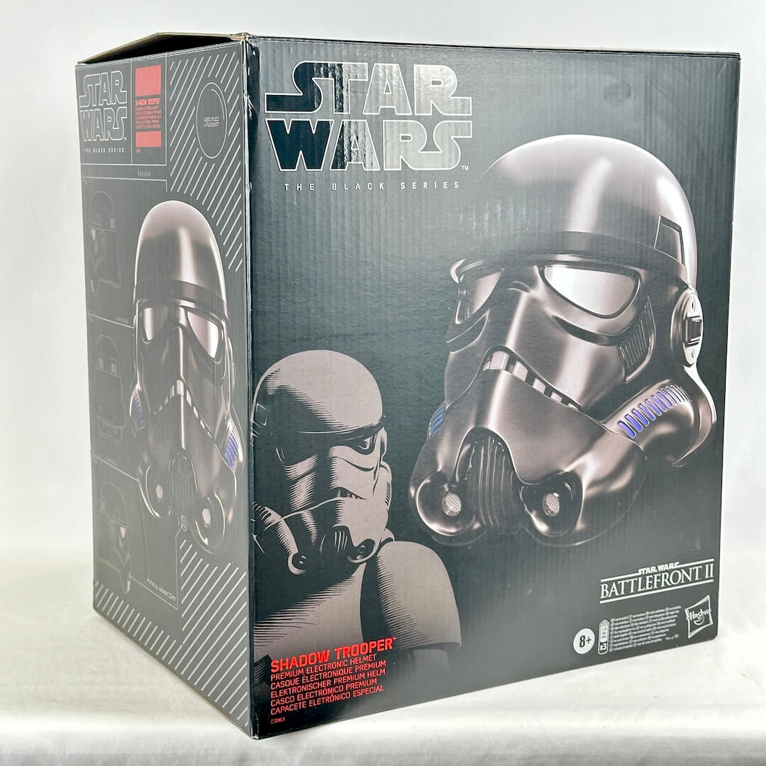 Star Wars The Black Series Shadow Trooper figure box by Hasbro, featuring large printed artwork of the helmet.