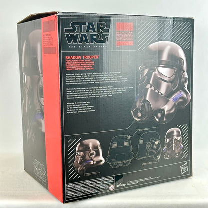 Star Wars The Black Series Shadow Trooper helmet box, showing the back panel with product details, illustrations, and Hasbro branding.