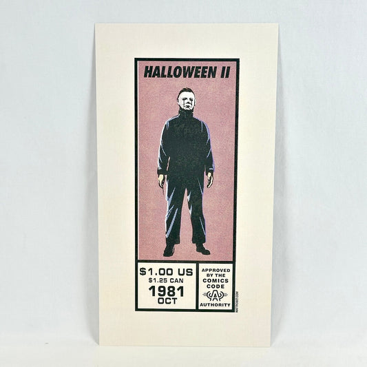 A collectible comic book print for Halloween II, featuring Michael Myers on a pink background.