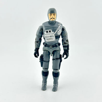 GI Joe action figure in gray wetsuit with black and silver accents photographed on white background. 