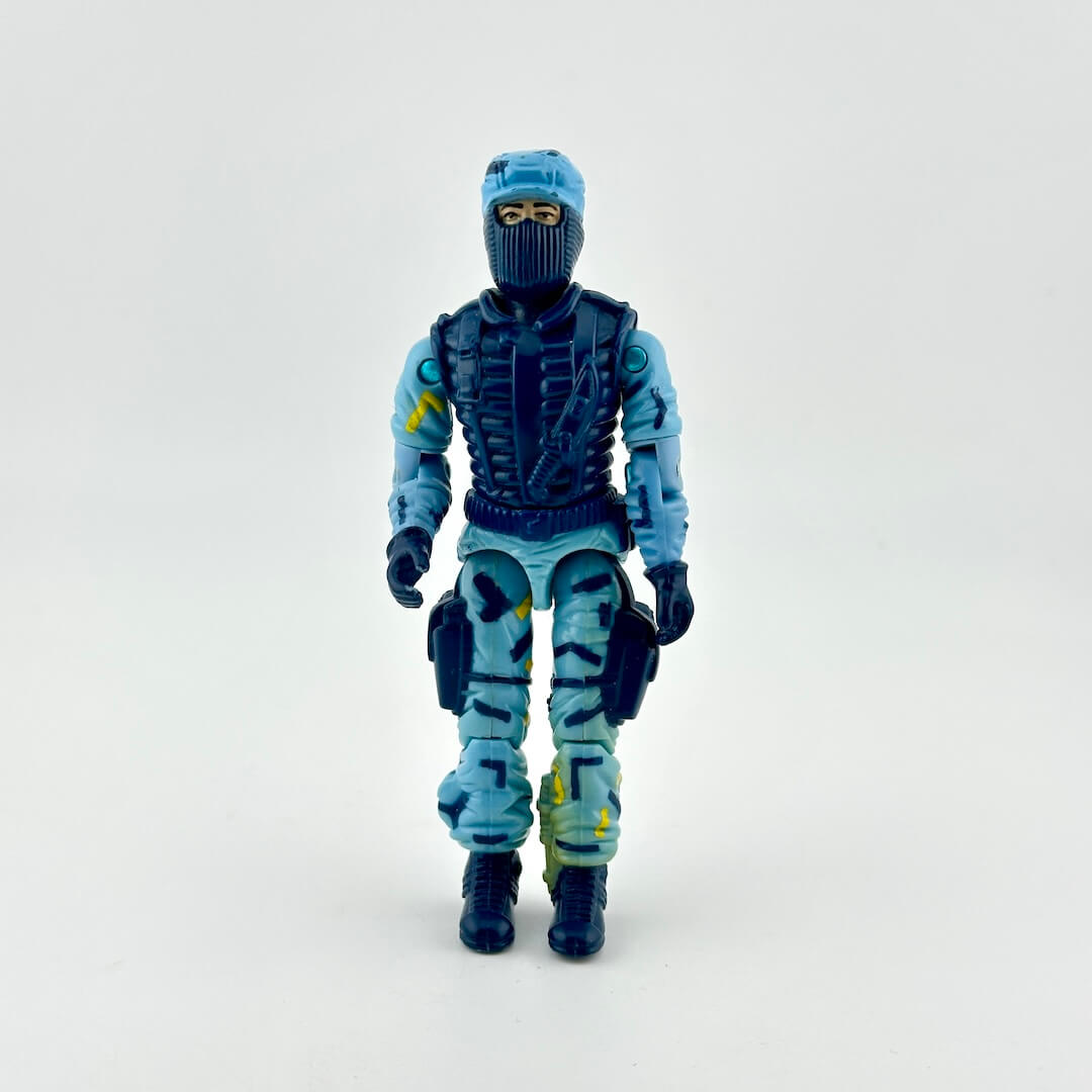 A blue and light blue action figure of a tactical soldier wearing a balaclava mask.