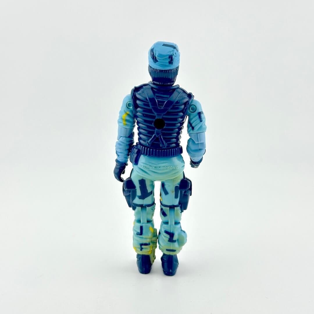 Backside of action figure dressed in all blue tactical outfit. 