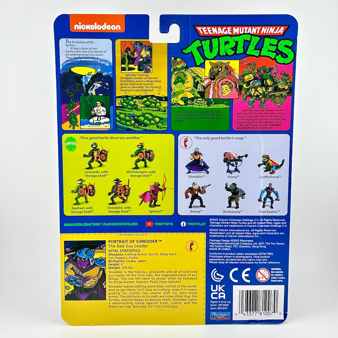 Back packaging card for a Nickelodeon Teenage Mutant Ninja Turtles toy, showing colorful comic-style artwork.
